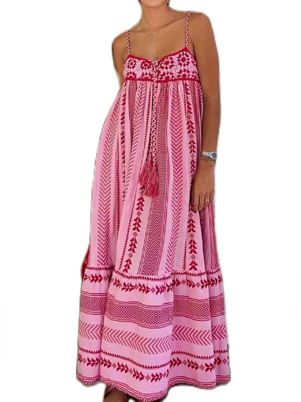Women Sz L Boho Maxi Dress Crochet Patchwork Sleeveless Long Flowy Swing Dress - Picture 8 of 13